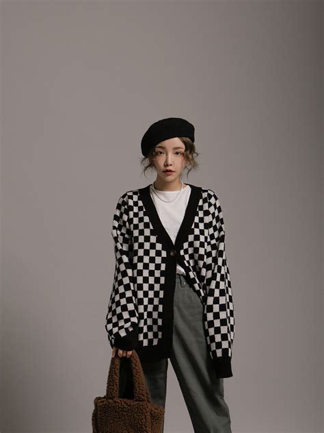 oversized checkered cardigan.